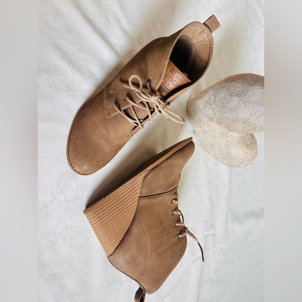 Tan Faux Suede Lace-Up Wedge Ankle Boots